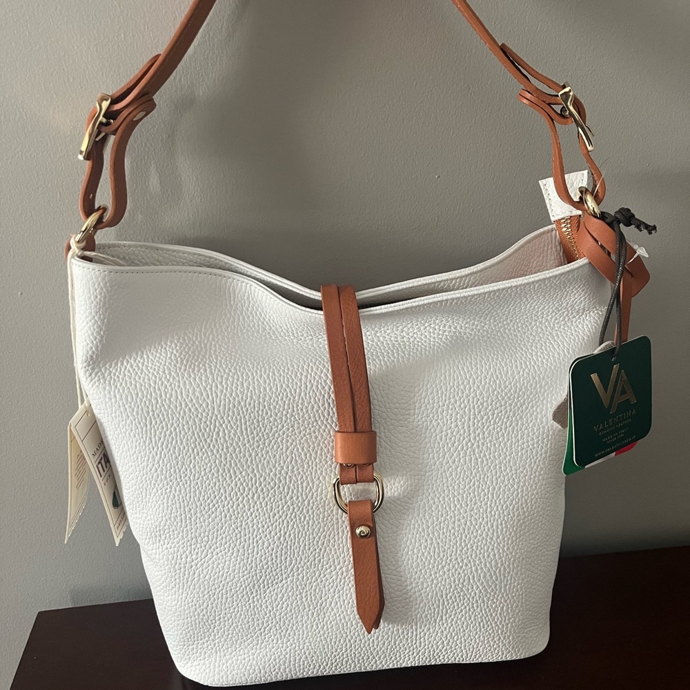 Valentina Italian Leather White and Tan Shoulder Bag
